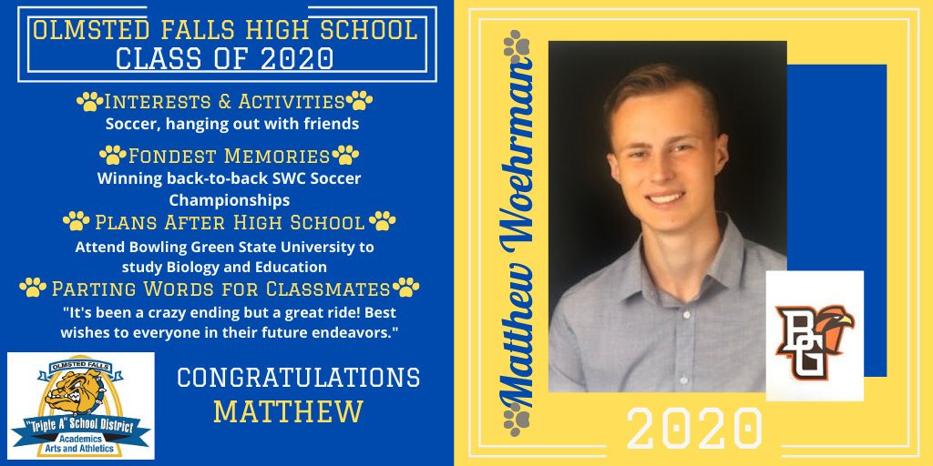 ofhsbulldogs's tweet photo. Senior Spotlight: Congratulations Matthew Woehrman, a graduating senior from the Olmsted Falls HS Class of 2020. We're proud of you! Good luck! Watch for more spotlights every day in May! @OFCSDistrict @OFHSLeoSpagnola @fallsclass2020 #OFClassof2020 #TheBulldogWay https://t.co/oYAVdZpEdW