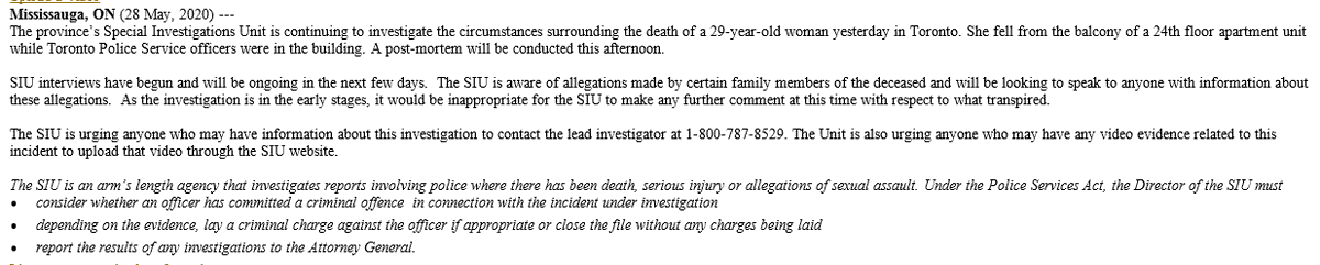 The Special Investigations Unit (police watchdog) said it is aware of allegations by family, in regards to their claims that police played a large part in her falling to her death.  #RegisKorchinskiPaquet