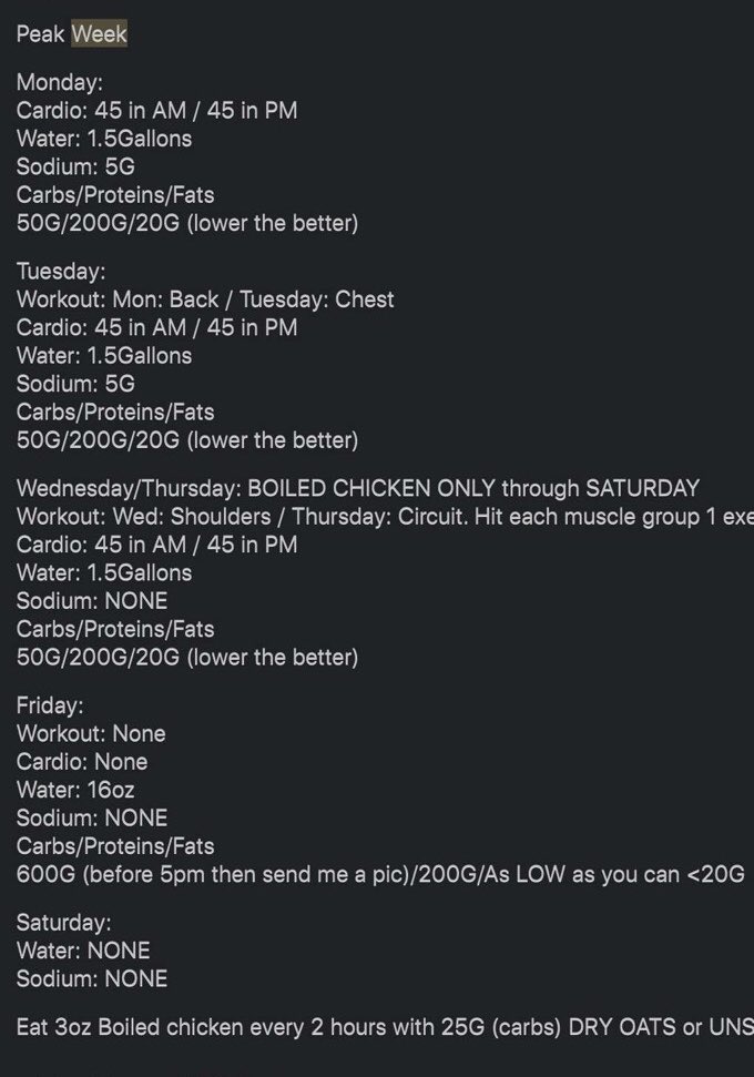 (Diet on peak week)A week before the big day it is important to pay extra attention to carb, sodium and water levels. Below is a template of an appropriate carbs/ water/ sodium ratio to be holding the week leading up to the big day