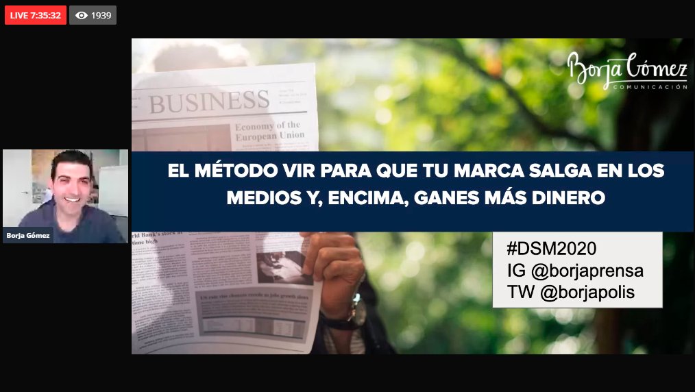 miguelfloro's tweet photo. Última ponencia de este #DSM2020 con un gran periodista y comunicador @borjapolis que nos enseñará cómo aparecer en medios para aumentar nuestra marca y ventas https://t.co/Mk9ggKPUvu