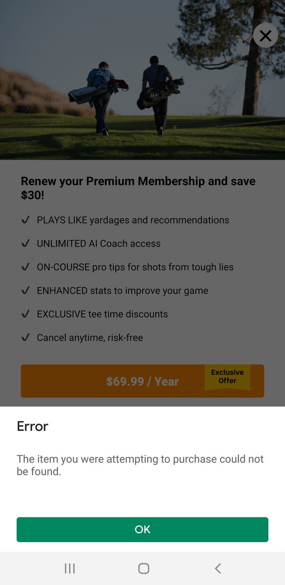 Sean_Lara27's tweet photo. @18BirdiesApp trying to pay for premium but it's not letting me for any of the options. Can you help? Have a game tomorrow and would love to be a paying customer. Thank you. https://t.co/7LmsdsD6ZV