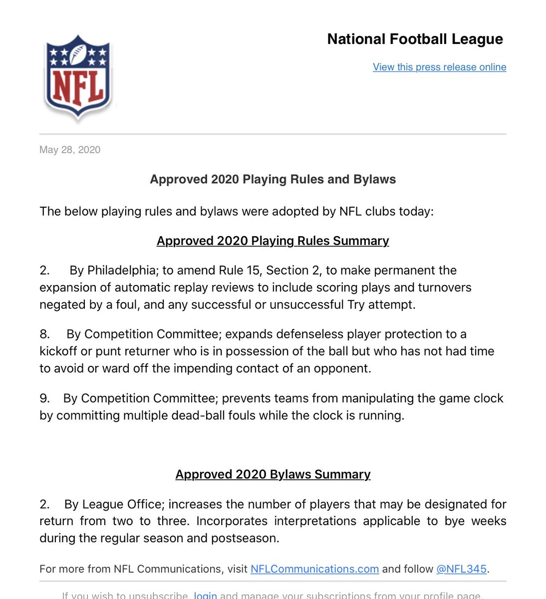 Adam Schefter On Twitter Approved 2020 Playing Rules And Bylaws