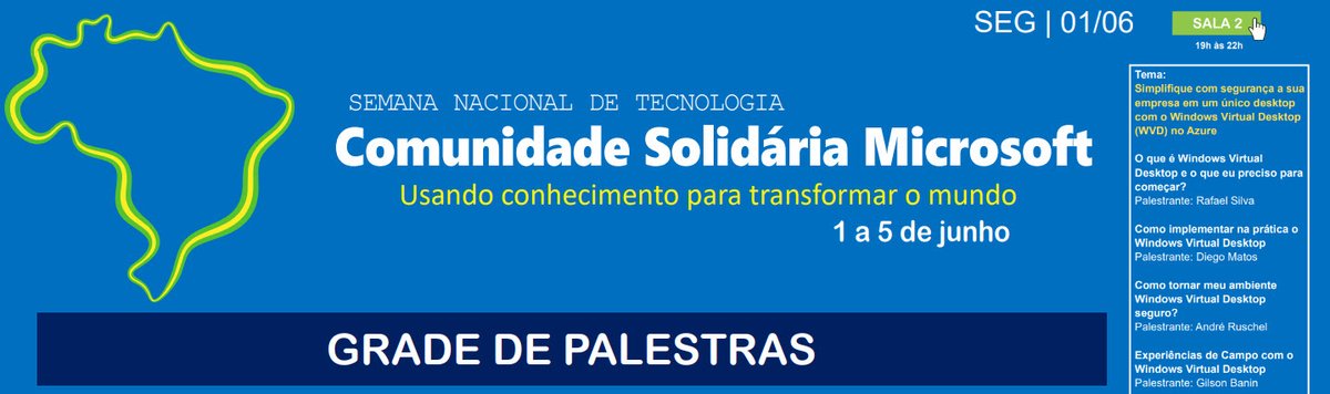 Confira a nossa trilha de #WVD - Muita novidade será apresentada! É nesta segunda-feira dia 01/06! Confira a grade completa bit.ly/3d9UxkI 

Inscrições: bit.ly/3dbbhYR 
<a href="/andreruschel/">André Ruschel ®</a> <a href="/diegoonazure/">DM</a> <a href="/admAndreLuiz/">Andre Luiz Oliveira</a> #comunidadesolidaria