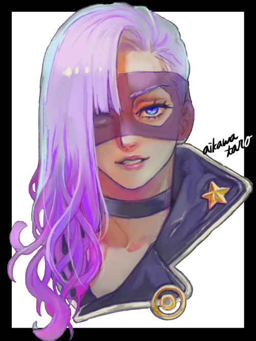 1girl solo blue eyes choker portrait mask purple hair  illustration images