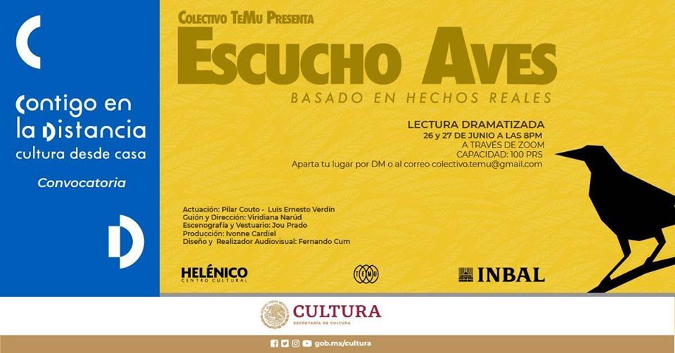 #ElCuartelInforma

Vayan reservando su lugar en #Zoom, porque hay una #LecturaDramatizada que llevará a cabo vía #Zoom. titulada "Escucho Aves"
Guion y Dirección: <a href="/viridianaeunice/">Viridiana Nárud 🧩</a>
Actores: <a href="/_pilarcouto/">Pilar Couto</a> y <a href="/ernesto_verdin/">Luis Ernesto Verdín</a>
26 y 27 de JUNIO
reserven vía mail colectivo.temu@gmail.com