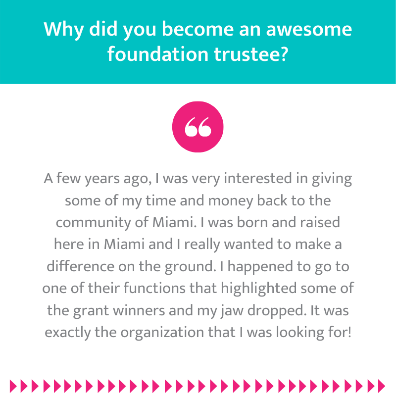 AwesomeMiami's tweet photo. Trustee Profile! Introducing you to our Awesome Foundation Trustees who make everything possible. We're kicking it off this week with Joshua. Joshua, thank you for your Awesomeness! #awesomefoundationmiami #awesomefoundation #awesome #miami #miamifoundation https://t.co/Wsq9vQbxnc