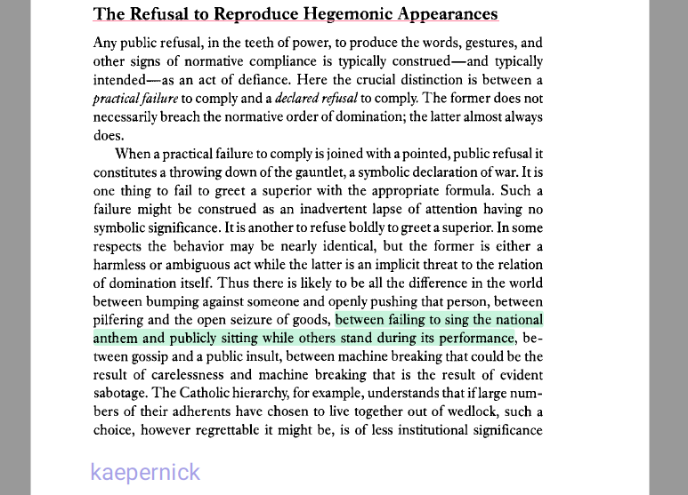 Likewise, and Scott is incisive here: every now and again, the hidden transcript makes it onto the 'public stage.' Once it does, all hell is liable to break loose. See this passage from page 203.