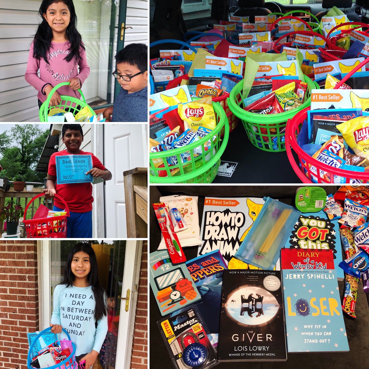 SRivera0212's tweet photo. I saw students in REAL LIFE! I’m so thankful I was able to give my students books, hygiene items, activities, art materials, and snacks thanks to @DonorsChoose! Also, THANK YOU @MasterLockUS for donating combination locks for the ENTIRE 5th grade to practice before middle school! https://t.co/lPh7KoD2Rg