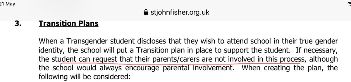 This is a Catholic school. My old school. Here it lays out a “transition” plan and says the student can request parents are “not involved”.