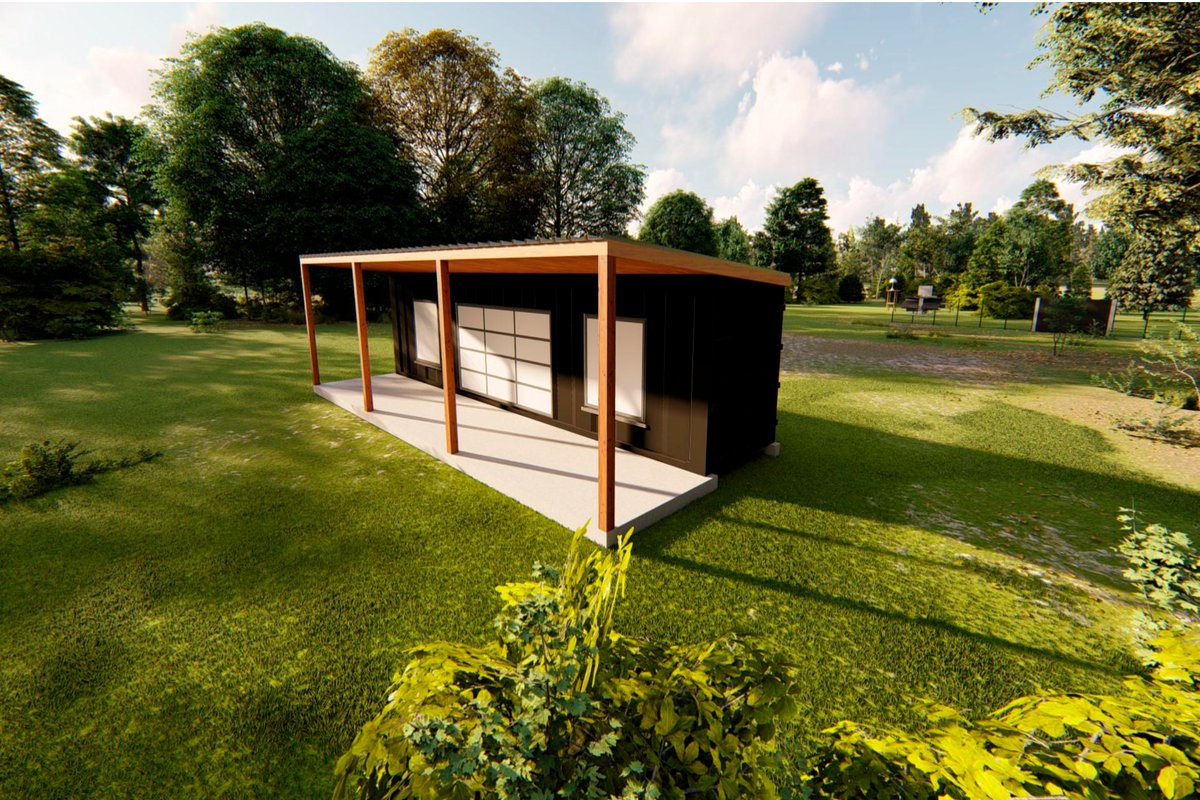 BohoLove_marcel's tweet image. On vous avait dit qu’on partagerais une vue 3D de Boholove alors là voici. Bien sûr il ne s’agit que d’un plan. L’environnement du container ne sera pas le même au niveau de l’implantation des arbres etc. Un visuel de @PMDC #maisoncontainer