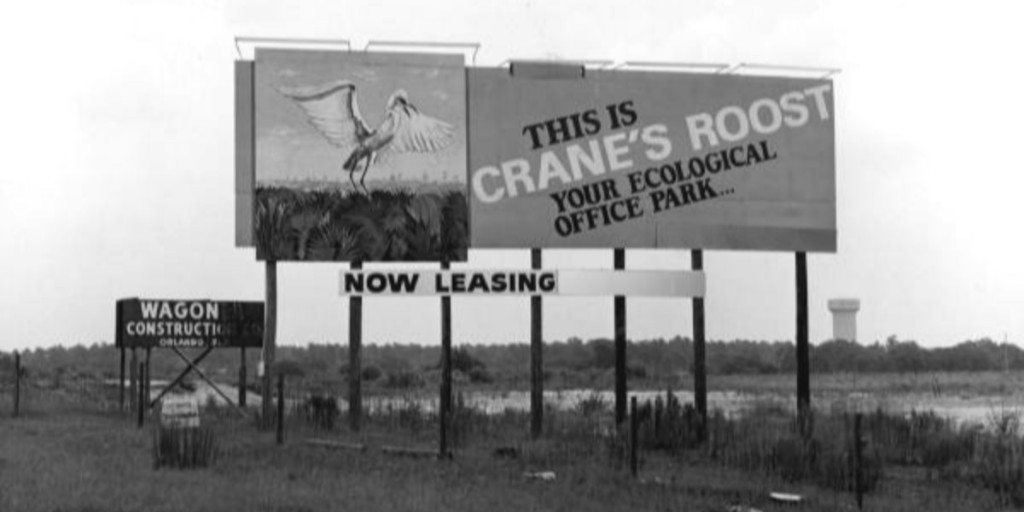 CityofAltamonte's tweet photo. This photo from 1966 features a billboard advertising office space near Cranes Roost. The City broke ground on #CranesRoostPark 25 years after this photo was taken, transforming it into the heart of Uptown Altamonte as we know it today. #TBT #LiveAltamonte #Altamonte100 https://t.co/lUAbbJVX6D