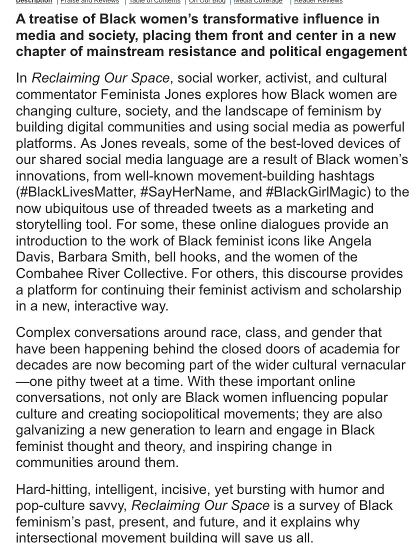 Reclaiming Our Space: How Black Feminists Are Changing The World From The Tweets To The Streets by Feminista Jones  https://bookshop.org/books/reclaiming-our-space-how-black-feminists-are-changing-the-world-from-the-tweets-to-the-streets/9780807055373