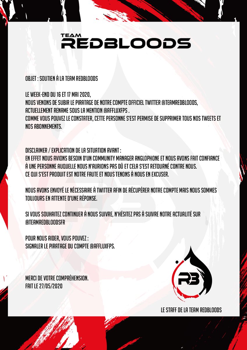 TeamRedBloodsFR's tweet photo. #Annonce

🇫🇷 Soutien à la structure Esport Team Redbloods 
N'hésitez pas à RT et à signaler le compte @affluxfps 

🇪🇺 Redbloods Team support 
Don't hesitate to RT and to report the account of @affluxfps 

Explication :  https://t.co/v9fi4CnpzF

#Redbloods #esport #gaming https://t.co/fI4oDt9HKf