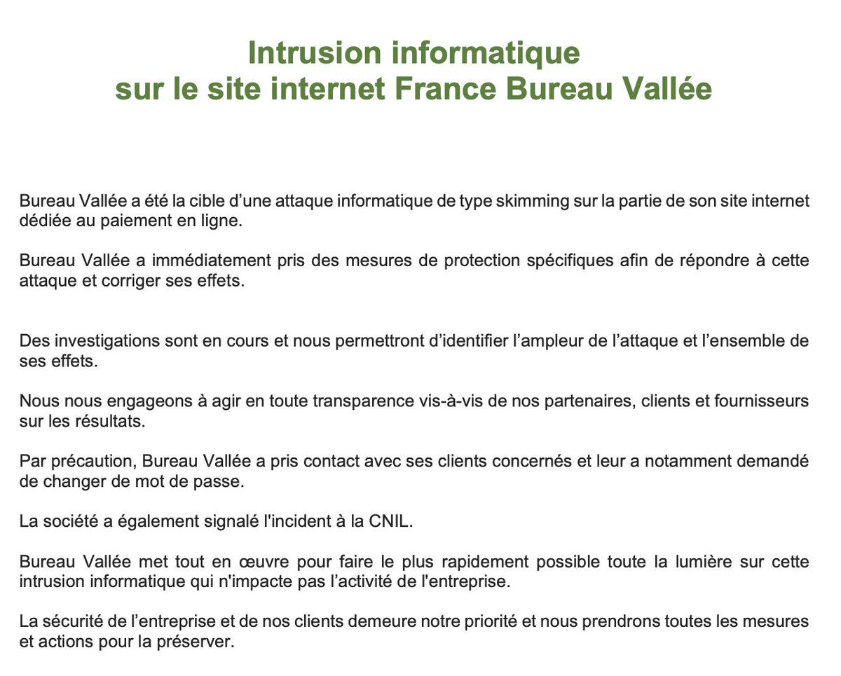 bureauvallee's tweet photo. Nous tenons à nous excuser auprès de chacun d’entre vous. Nous avons été victime d'une attaque informatique sophistiquée sur le site Bureau Vallée France. Nous savons que vous attendez de nous que nous protégions vos données. Les failles sont corrigées. https://t.co/MKeogouUYx