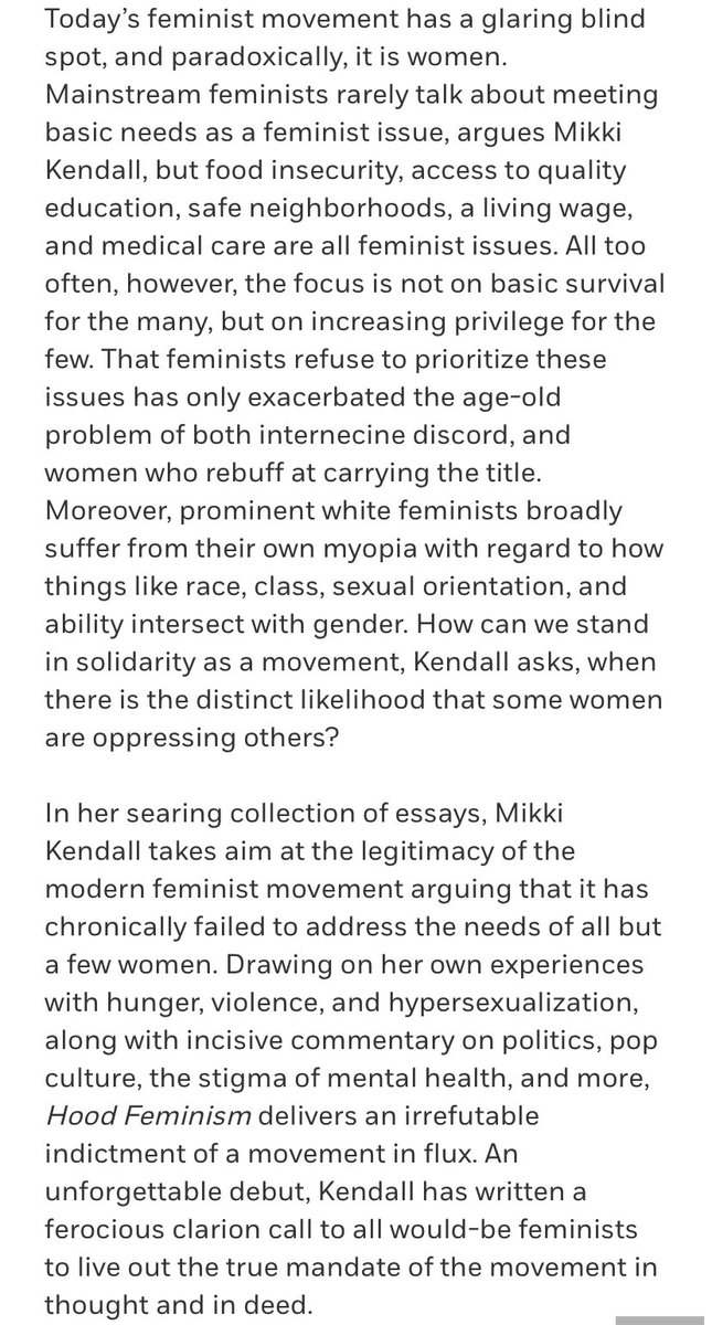 Hood Feminism: Notes From The Women That A Movement Forgot by Mikki Kendall  https://bookshop.org/books/hood-feminism-notes-from-the-women-that-a-movement-forgot/9780525560548