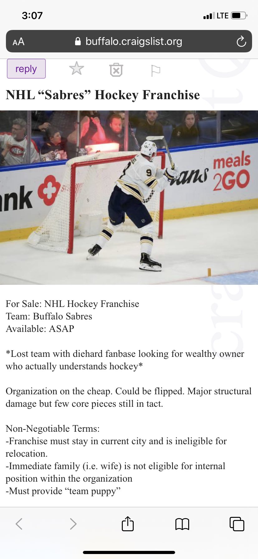 on Twitter: "As anticipated the Sabres Craigslist post was flagged/removed. Good thing screenshots last forever 🙃 https://t.co/AQOpaaNWjR" / Twitter