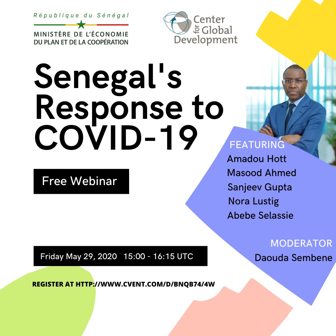 Senegal’s Response to COVID-19 
Organised by @CGDev featuring @AmadouHott 
 cgdev.org/event/senegals…
#CGDTalks #MEPC #Kebetu #Senegal #Covid19sn