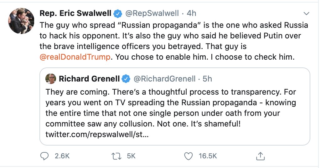 Swalwell is destroying Richard Grenell right now on Twitter. Here are screen grabs of the back and forth, in order, so far: 1/