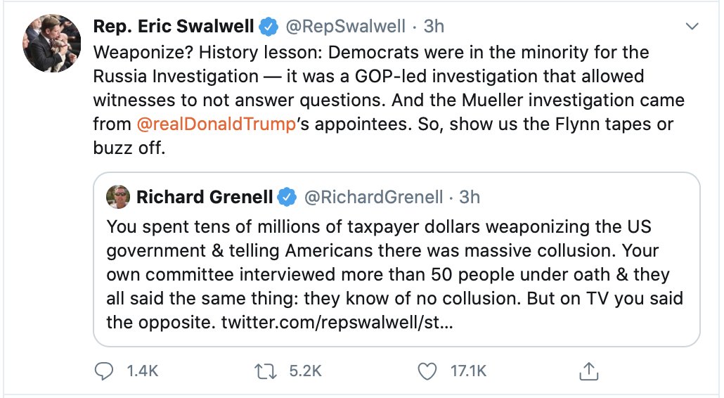 Swalwell is destroying Richard Grenell right now on Twitter. Here are screen grabs of the back and forth, in order, so far: 1/