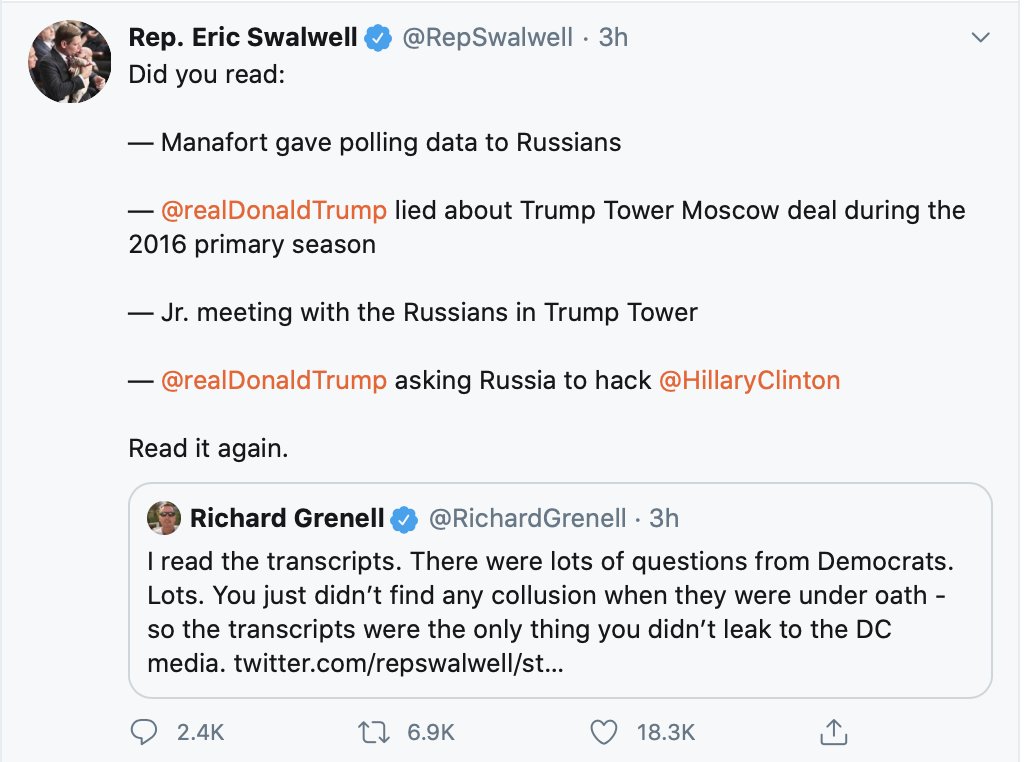 Swalwell is destroying Richard Grenell right now on Twitter. Here are screen grabs of the back and forth, in order, so far: 1/
