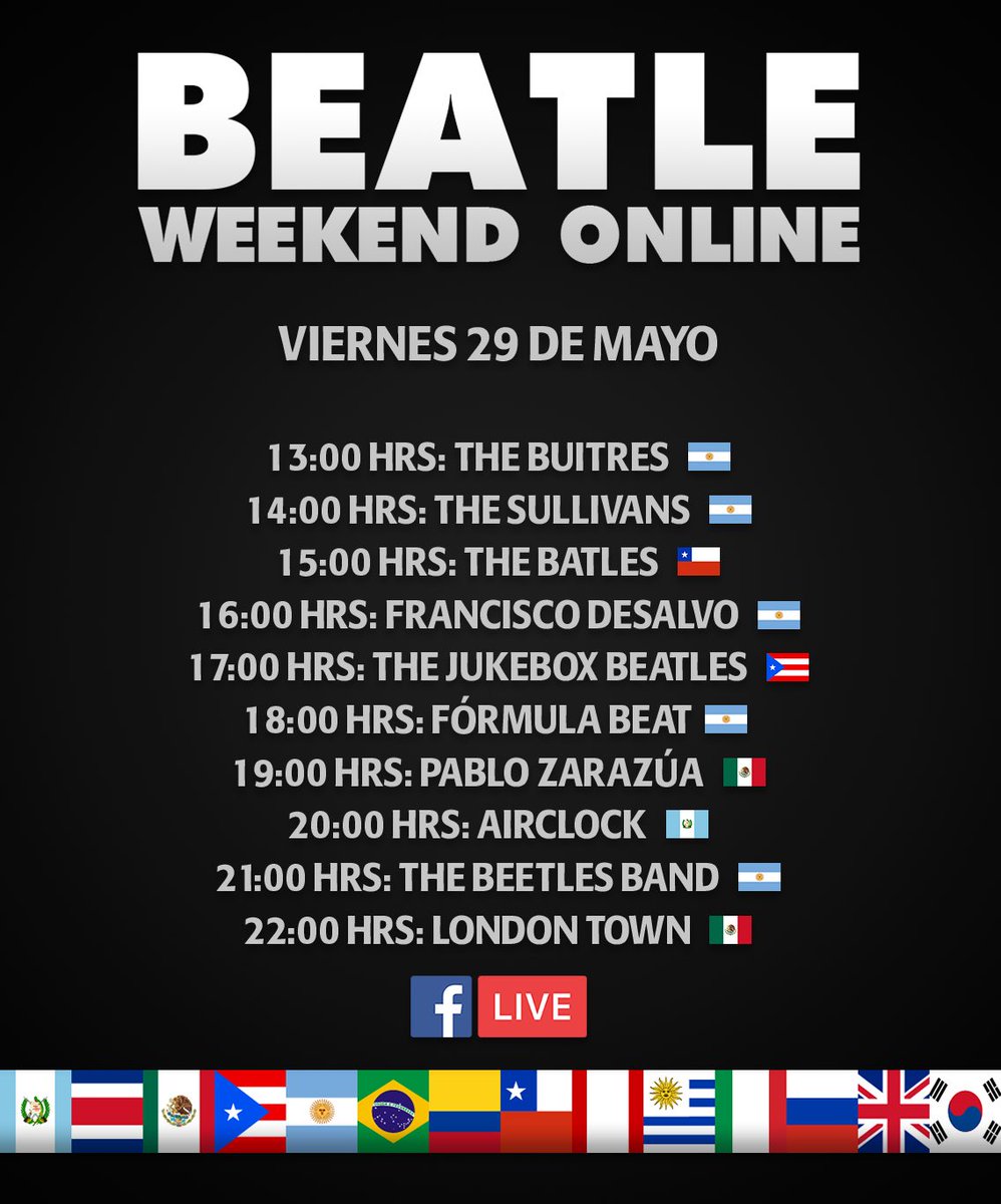 BeatlesDayGT's tweet photo. ¡Les presentamos el cronograma de transmisiones en vivo para los tres días del #BeatleWeekendOnline! No olviden que el horario es GMT-6 (Guatemala, Costa Rica).

¡Nos vemos en unas horas a través de FACEBOOK LIVE! https://t.co/RnCpQd1Vta https://t.co/Z2g979WWcu