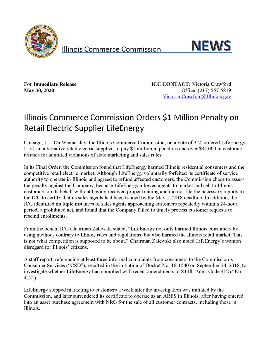 ILCommerceComm's tweet photo. The ICC Orders $1 Million Penalty on Retail Electric Supplier LifeEnergy. To read the full press release visit: https://t.co/lOazuc46xp
#IllinoisCommerceCommission #ILgov #publicutilities #regulatory #publicutilitycommission #ARES https://t.co/H0IsZKcP2q