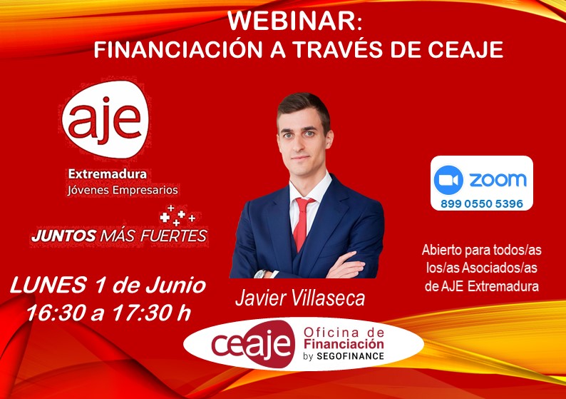 WEBINAR FINANCIACIÓN A TRAVÉS DE CEAJE
<a href="/AJEEXTREMADURA/">AJE Extremadura</a> con la Oficina de Financiación de <a href="/CEAJE/">CEAJE</a> y con su Director <a href="/JavierVillaseca/">Javier Villaseca</a>, organiza y os invita a participar 
📆 LUNES 1 de JUNIO
🕟16:30 a 17:30🕠
ZOOM
us02web.zoom.us/j/89905505396
ID de reunión: 899 0550 5396
#AjeFrenaLaCurva