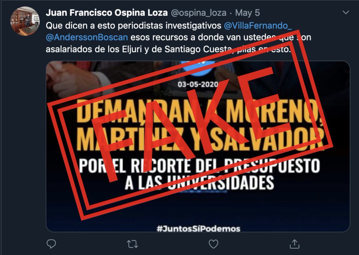 Los desocupados siguen publicando en mi nombre. Por favor, no crean que soy yo. Ya hice la denuncia pertinente en <a href="/FiscaliaEcuador/">Fiscalía Ecuador</a> <a href="/VillaFernando_/">Fernando Villavicencio</a> <a href="/AnderssonBoscan/">Andersson Boscán</a>