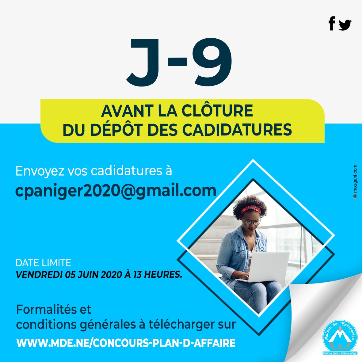 TIC ! TAC ! ⌛️
Envoyez vite vos candidatures pour la #CPA2020 à cpaniger2020@gmail.com. 
Date limite de dépôt des candidatures : vendredi 5 Juin 2020 à 13H.
Formulaire de candidature et conditions générales de participation à télécharger ici 👉🏼 mde.ne/concours-plan-…