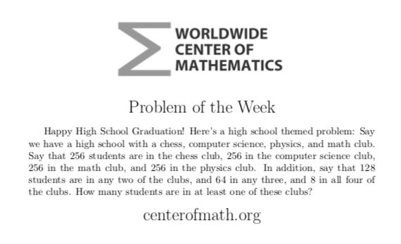 New PotW involving some high school clubs! #DOMATH

Solution: bit.ly/2Ae1SB4

Video: bit.ly/2AjHm1O