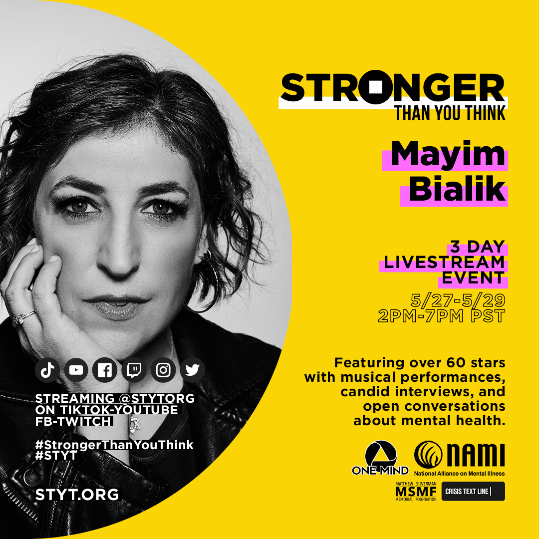 missmayim's tweet photo. Join me on the #StrongerThanYouThink livestream! The event will feature over 60 stars with musical performances, candid interviews, and open conversations about youth mental health. All money raised will benefit the ongoing work of  @NAMICommunicate. Follow @stytorg for more info https://t.co/uoJtOEdqQh