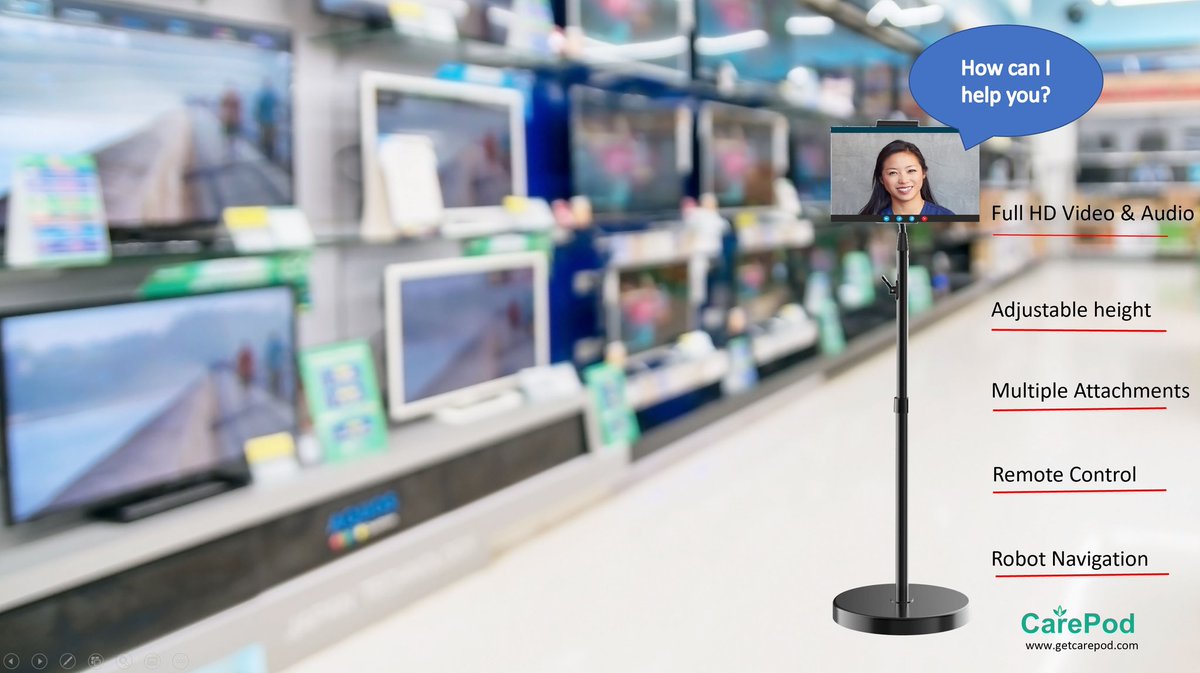AmizenLabs's tweet photo. @retailwire CarePod robot is first of its kind. It is a physical extension of your sales associate in full HD video and audio with navigation. Now you can assist customers with a smile!! #noawkwardmoments https://t.co/DlmMfKEzKL @RetailEconomy @RTouchPoints https://t.co/3wCLcabrrI