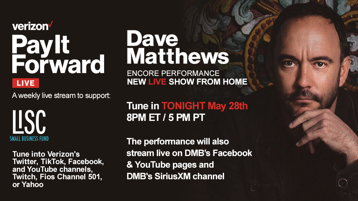 davematthewsbnd's tweet photo. Get ready to watch Dave Matthews in a brand new live show from his home TONIGHT, May 28th at 8 PM ET closing @Verizon’s weekly #PayItForwardLIVE series. Watch it on DMB’s Facebook/YouTube pages, DMB's @SIRIUSXM channel, Verizon’s channels and more! https://t.co/2ZkAaTvDvP