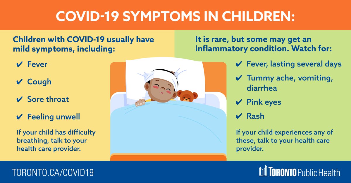 TOPublicHealth's tweet image. As we continue to learn more about #COVID19, we know that children generally have mild symptoms. On very rare occasions, some children can get an inflammatory condition. If your child is sick, get tested &amp;amp; talk to your health care provider. More info: toronto.ca/home/covid-19/…