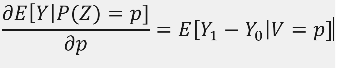 Now, how can we identify the MTE? If the instrument is continuous, we can use the LIV estimator in the lef-hand side of this equation to identify the MTE evaluated at V = p. This result is reason behind the MTE's name.