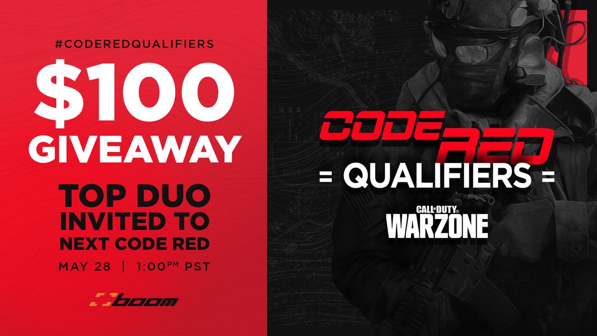 boomtv's tweet image. 🔥 $100 #GIVEAWAY 🔥

1⃣ To enter, [RT w/ comment this tweet] w/ YOUR best #Warzone clip &amp;amp; #CodeRedQualifiers
2⃣ On 5/31, we'll give $100 to our favorite one!
3⃣ Register: bit.ly/CodeRedQualifi… 

🖱️🎮 You &amp;amp; your duo play ANYTIME between 5/28 1pm &amp;amp; 5/31 8pm PST. Top 5 games.