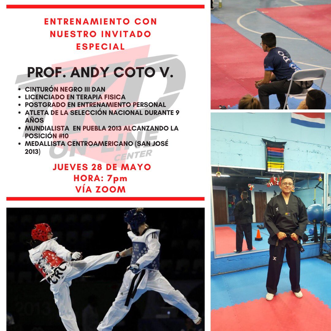 TKD_Center's tweet photo. 🚨CLASE ESPECIAL🚨 
Profesor Andy Coto, cinturón negro III Dan 
Hora: 7pm 
Vía Zoom

Nos vemos!!! 💪🏽👊🏽 https://t.co/WHQsM7LJBa