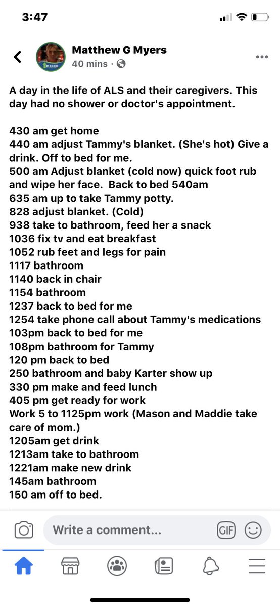 brainmatters10's tweet photo. Perhaps Calaneet CEO can look at this text from a day in the life of a ALS family, while she receives over 1,000 dollars a day, 7 days a week to represent this community. #defundalsa #calaneetfail https://t.co/jJDi0Kh3e6