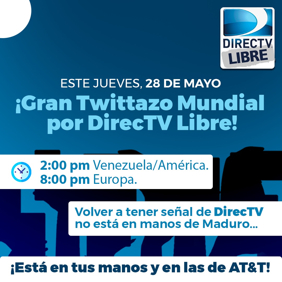 TVVnoticias's tweet photo. #28May La etiqueta #DirectvLibreVzla se posiciona dentro de las primeras tendencias de la red social #Twitter este jueves, luego de ser convocado el Gran Tuitazo Mundial a las 2:00 pm para pedir que se reactive la señal de #DirecTV en Venezuela. #TVVNoticias #TVV https://t.co/m996SS00Uq