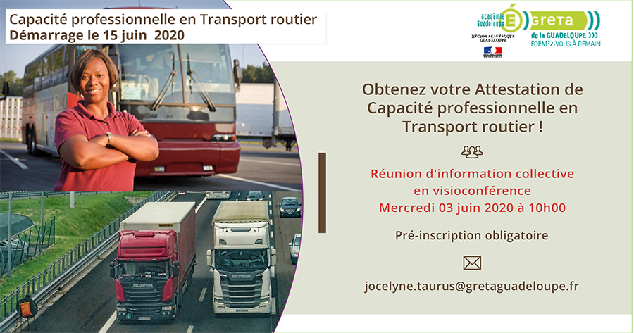 GretaGuad's tweet photo. Préparez l’#examen d'#attestation de Capacité professionnelle #transportroutier avec GRETA Guadeloupe. #infocoll en ligne 03 juin à 10h. Pré-inscription 👉jocelyne.taurus@gretaguadeloupe.fr
Fiches de formation 👉 https://t.co/rF3fYUWukX
#TransportPassagers #TransportMarchandises https://t.co/YZYzQeldyS
