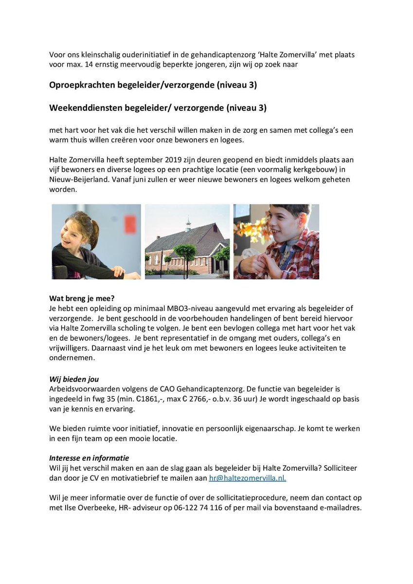 Wij zoeken begeleiders/verzorgenden (oproepkrachten en weekenddiensten). Wil je werken met EVMB jongeren op een mooie locatie met leuke collega’s, solliciteer dan bij Halte Zomervilla! haltezomervilla.nl/vacatures/