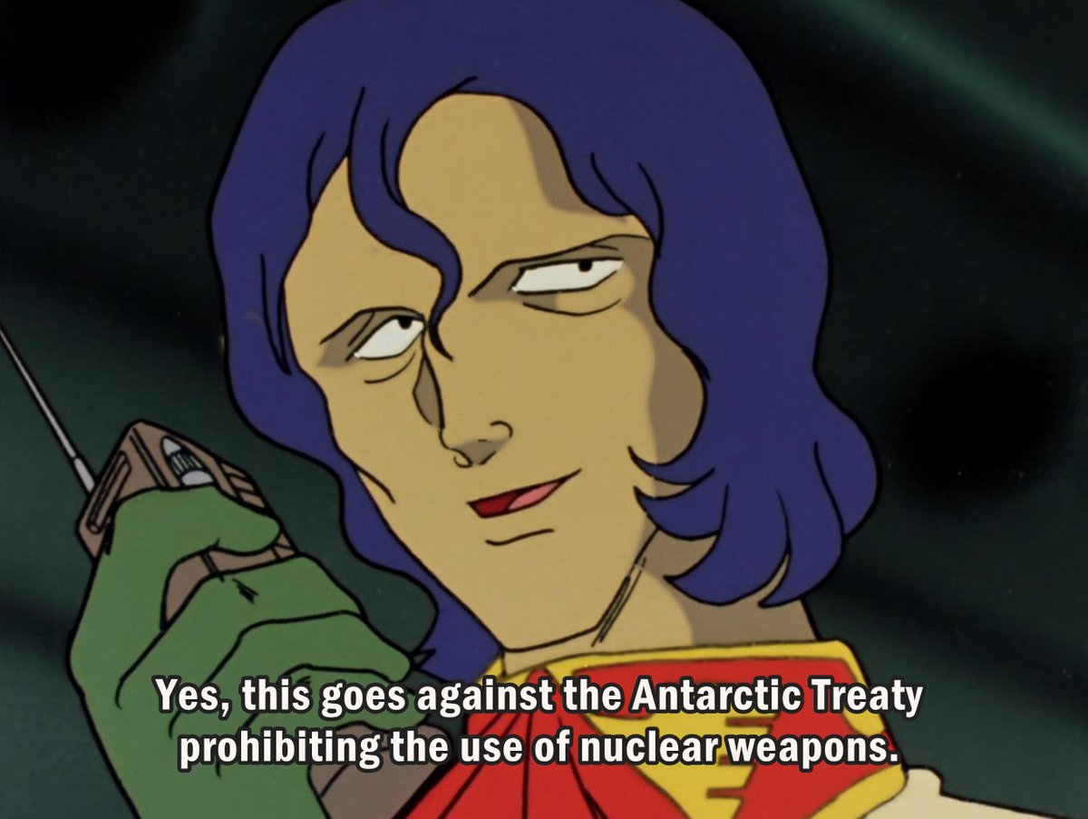 Antarctic Treaty: hey no hydrogen bombs*M'Qve: nuclear warfare go brrrrr*INTERSTING NOTE the dub calls it a thermonuclear missile whilst the subs straight up say Hydrogen bombs, & I think if I didnt have the subs on i just mightve missed that theyre using nuclear weapons now