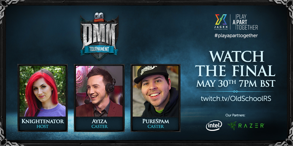 ⚔️ We have locked-in our host and casters for the DMM Final!

📽️ Featuring host <a href="/Knightenator/">Knightenator✨ Streamer | Gaming | Gluten Free</a> and the dynamic duo casters <a href="/AyizaTV/">Ayiza</a> and <a href="/ianspam/">Ian / PureSpam</a>, this is one event you will not want to miss.

📺 Tune into twitch.tv/OldSchoolRS on May 30th at 7PM BST to watch the action live!