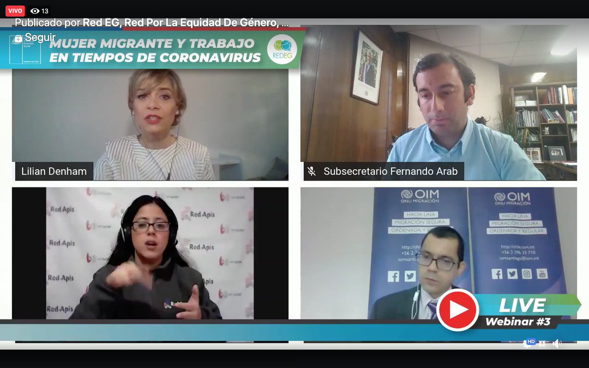 🖥🔴¡Nuestro #Facebook LIVE  ya comenzó! El tema de hoy es: “Mujer #Migrante y #Trabajo en tiempos de #Coronavirus”. Nuestros invitados <a href="/fdoarab/">Fernando Arab</a> de la <a href="/SubsecTrabajo/">Subsecretaría del Trabajo</a> y <a href="/Richardvelazpy/">Richard Custodio Velázquez</a> de la <a href="/OIMChile/">OIM Chile</a> estarán respondiendo consultas.
Accede aquí: facebook.com/Redeqgenero/vi…