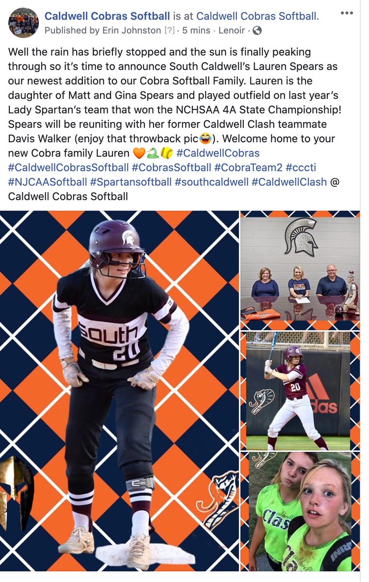 caldwell_cobras's tweet photo. Our latest signee is Lauren Spears, South Caldwell HS, OF. #ConraNation #Ringthebell #CobraTeam2  https://t.co/JFliyjQlYN https://t.co/6nRYZZySNO