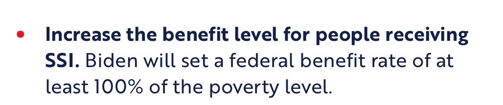Vice President  @JoeBiden has committed to increasing the punishing, sub-poverty SSI benefit, currently just 74% of the federal poverty level, to *at least* 100% of FPL.That increase of at least $3,364 per year would save lives.  #AccessToJoe https://joebiden.com/disabilities/ 