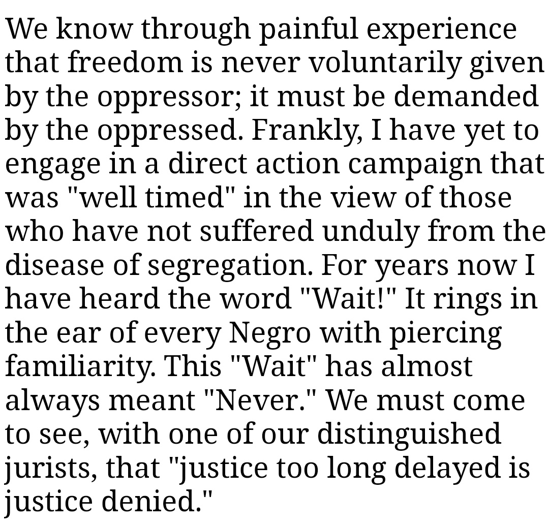 StillH2Odad's tweet photo. SSDD
"You deplore the demonstrations taking place in Birmingham. But your statement, I am sorry to say, fails to express a similar concern for the conditions that brought about the demonstrations." -MLK 1963
#JusticeOverOrder #PositivePeace
#DemandFreedom https://t.co/gQIdnkTgvN