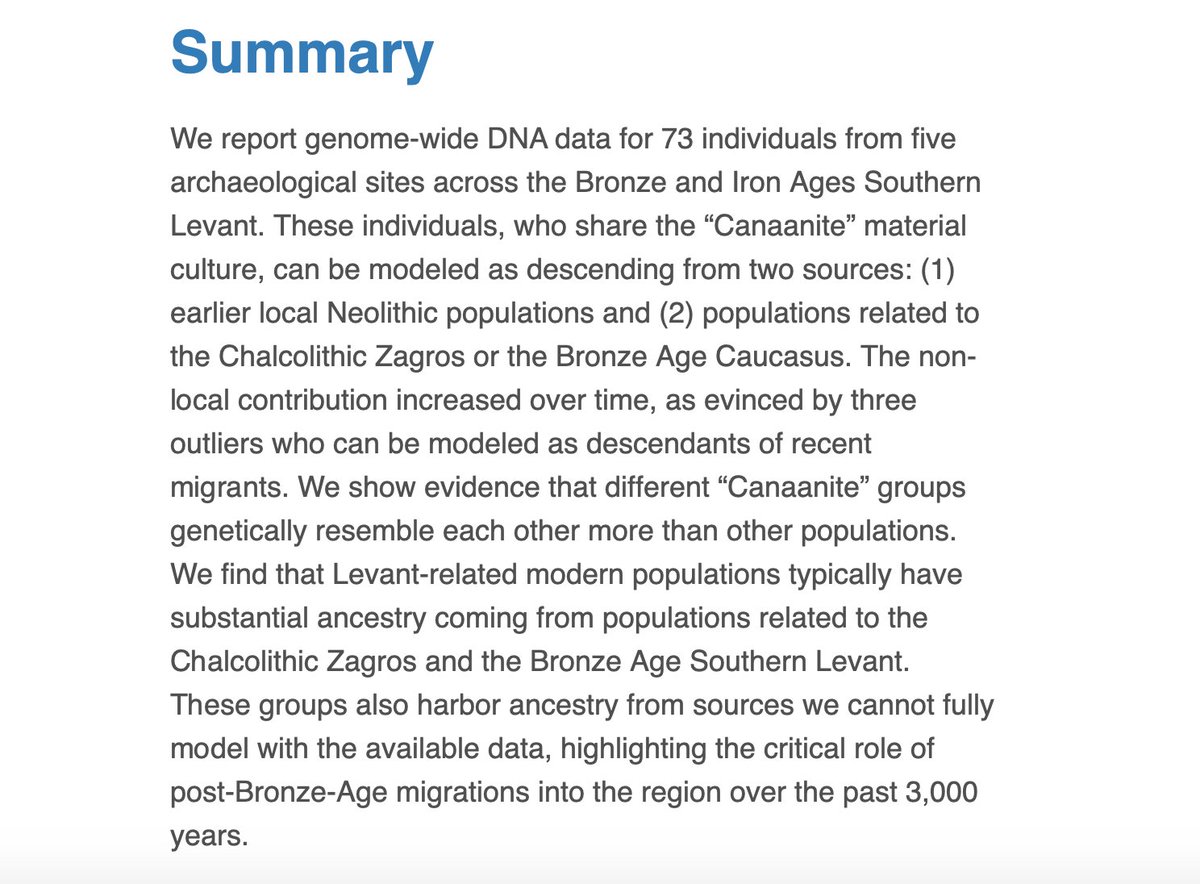 What are the main conclusions of the study:1. There is significant continuity btw Bronze Age Levantine populations and earlier Neolithic populations -- but also DNA from Caucasus or Zagros.2. There is also significant continuity w/modern Levantine (& Ashkenazic Jewish) ones.