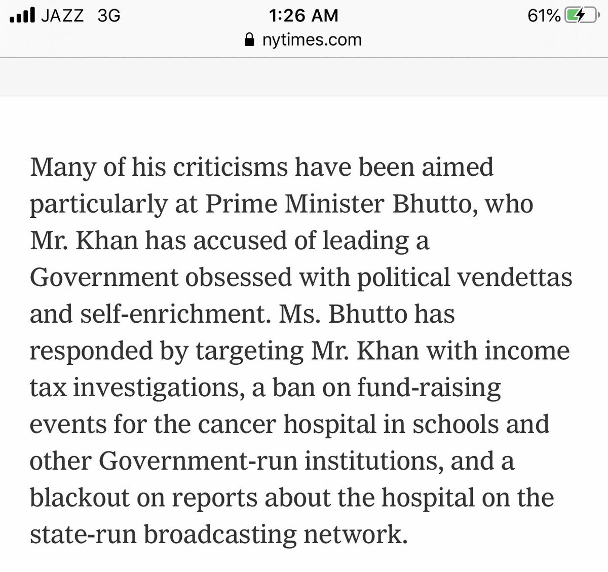 Sorry if we don’t take @Asma_Jahangir word for it. Benazir went after a cancer hospital that’s how petty and vindictive she was. nytimes.com/1996/04/15/wor…