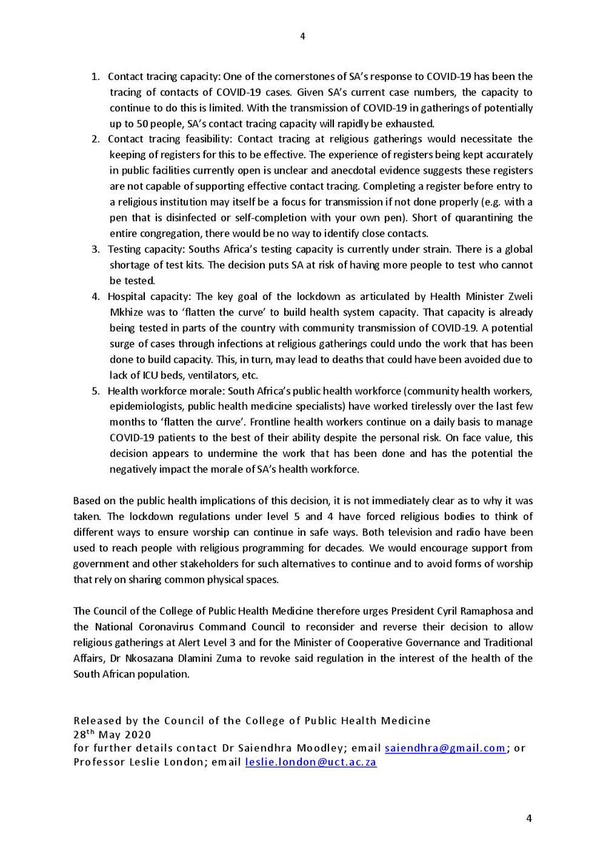 College of Public Health Medicine calls  on <a href="/CyrilRamaphosa/">Cyril Ramaphosa 🇿🇦</a> <a href="/PresidencyZA/">The Presidency 🇿🇦</a> to reverse religious gatherings decision. <a href="/DrZweliMkhize/">Zweli Mkhize</a> <a href="/DlaminiZuma/">Dr Nkosazana Dlamini Zuma</a>